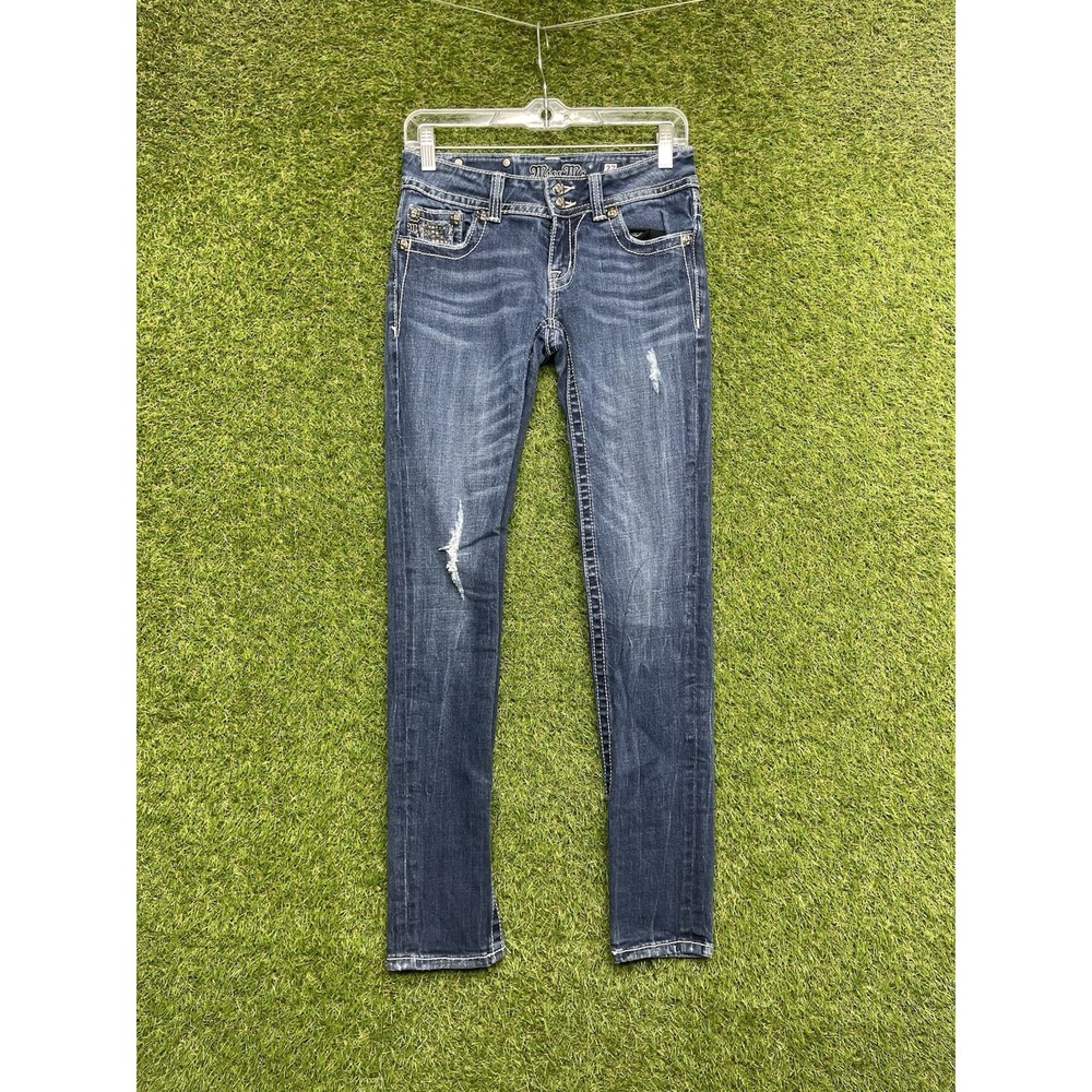 Miss Me Skinny Jeans Womens 27 Flap Pockets Embellished Studded y2k Buckle